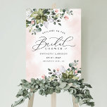 Blush Pink Greenery Bridal Shower Welcome Sign<br><div class="desc">Design features light or blush pink watercolor splashes with printed gold simulated flecks. Design also features blush pink rose floral elements within a greenery bouquet or wreath. The wreath contains a succulent, eucalyptus and other greenery elements in shades of dark emerald green, sage green, dusty blue and more to fit...</div>