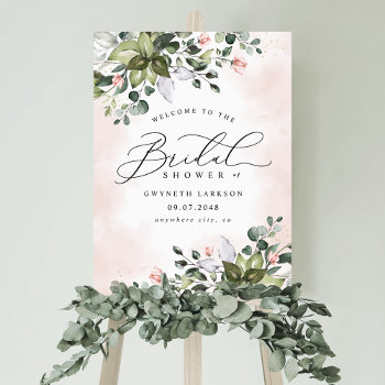 Blush Pink Greenery Bridal Shower Welcome Sign by RusticWeddings at Zazzle