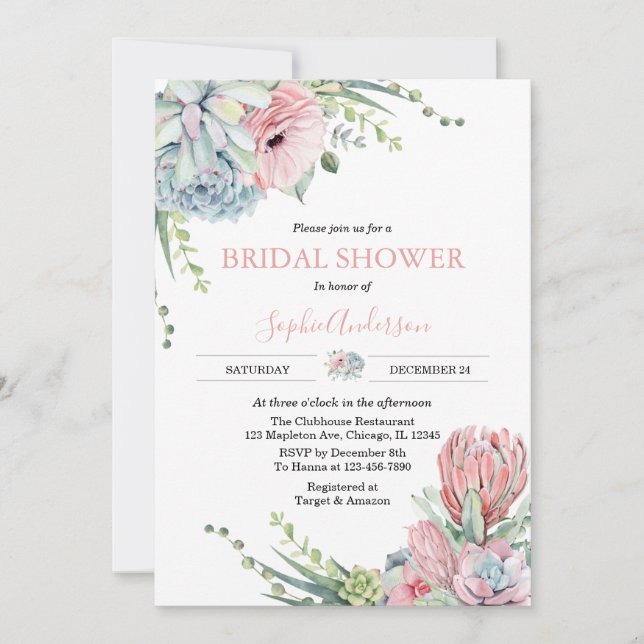 Blush Pink Greenery Cactus Succulent Bridal Shower Invitation (Front)