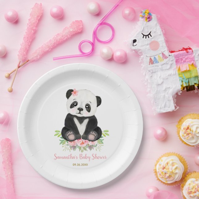 Blush Pink Greenery Cute Bear Girl Baby Shower Paper Plates (Party)