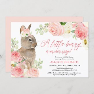Blush pink greenery Easter bunny girl baby shower Invitation