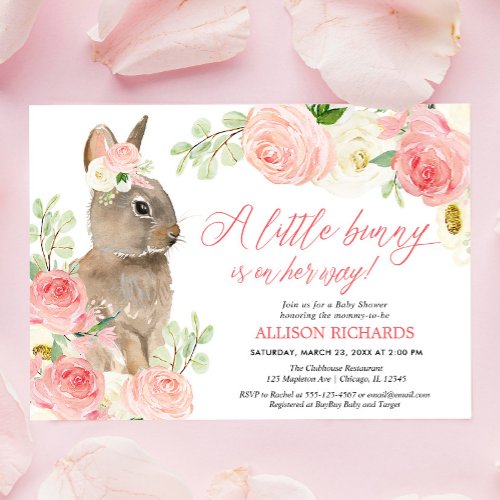 Blush pink greenery Easter bunny girl baby shower Invitation