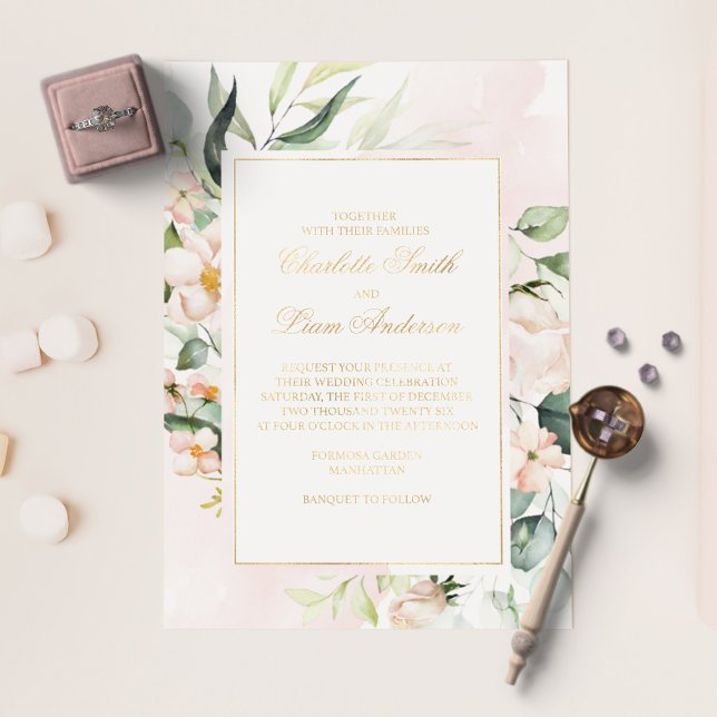 Blush Pink & Greenery Elegant Wedding Gold  Foil Invitation (Creator Uploaded)