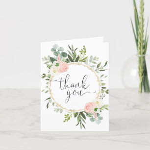 Blush pink greenery eucalyptus pink floral letterpress thank you card