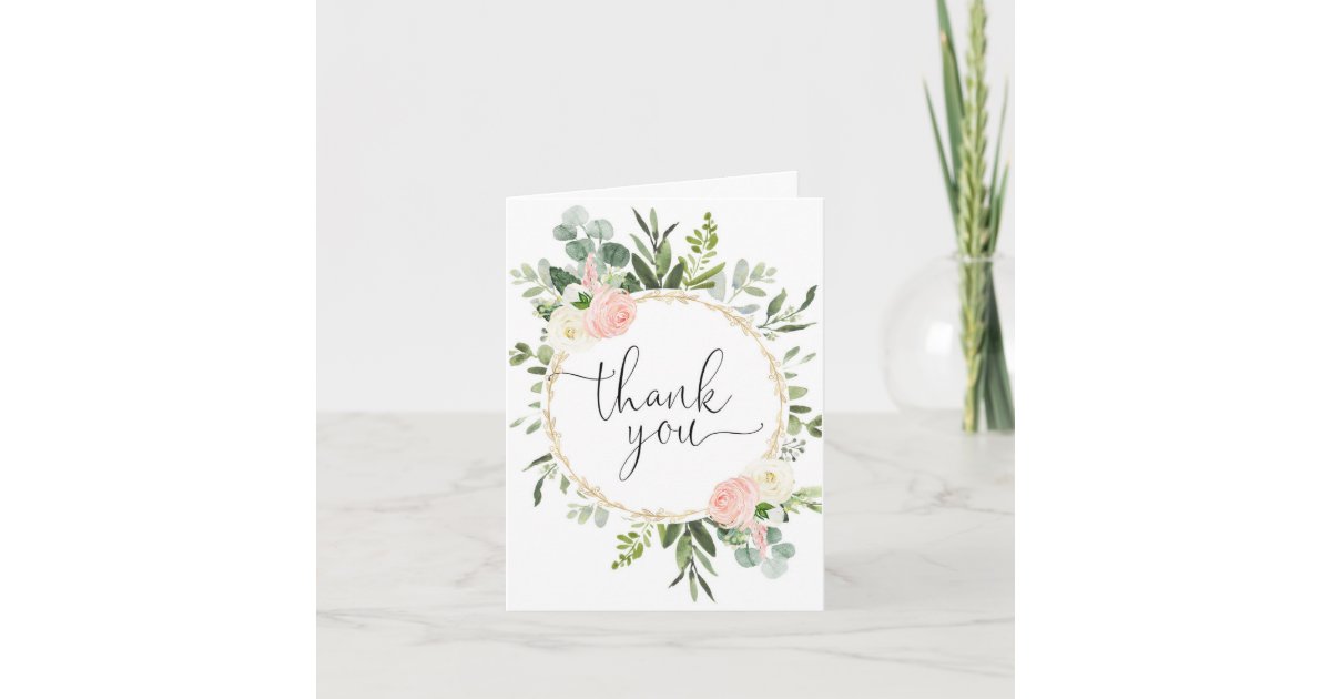 Blush pink greenery eucalyptus pink floral thank you card | Zazzle