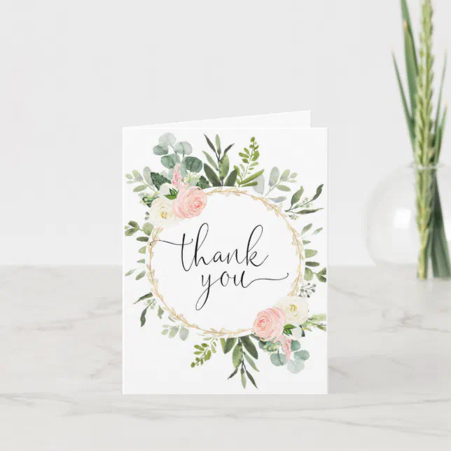 Blush pink greenery eucalyptus pink floral thank you card | Zazzle