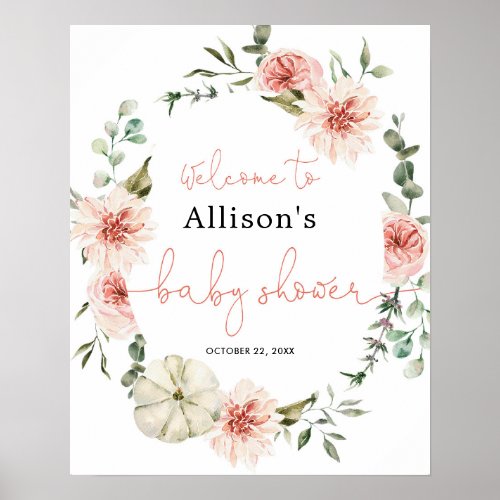 Blush pink greenery fall baby shower welcome sign