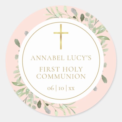 Blush Pink Greenery First Holy Communion Classic Round Sticker