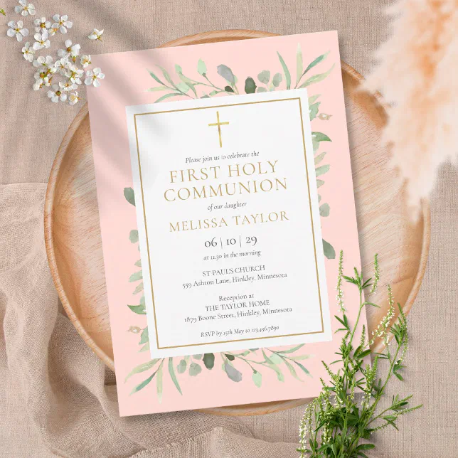 Blush Pink Greenery First Holy Communion Invitation | Zazzle
