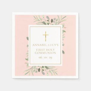 Blush Pink Greenery First Holy Communion Napkins