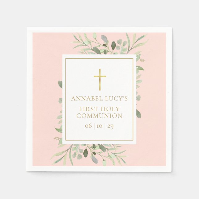 Blush Pink Greenery First Holy Communion Napkins (Front)