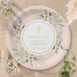 Blush Pink Greenery First Holy Communion Paper Plates<br><div class="desc">Featuring delicate watercolor greenery leaves on a blush pink background and an elegant gold crucifix,  this chic holy communion plate can be personalized with your special event information. Designed by Thisisnotme©</div>