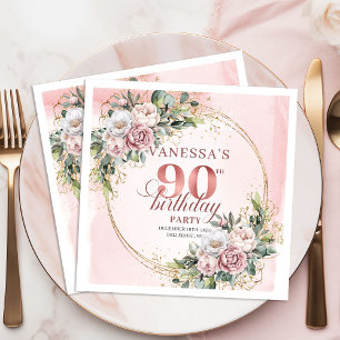 Blush Pink Greenery Floral 90th Birthday Party   Napkins