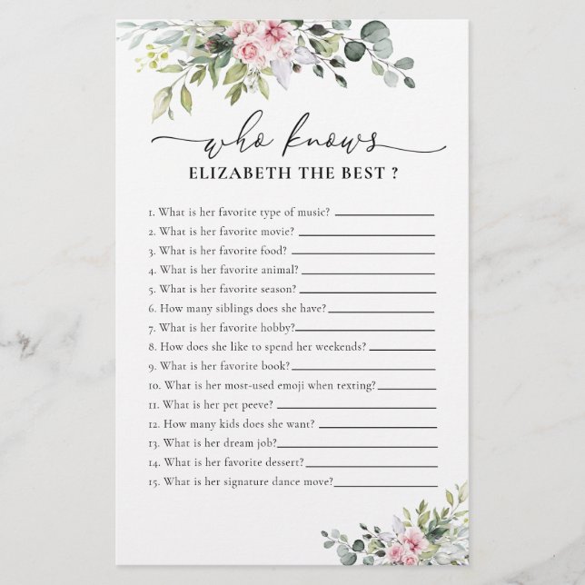 Blush Pink Greenery Floral Bridal Shower Game (Front)