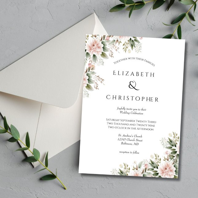 Blush Pink Greenery Floral Elegant Wedding  Invitation (Blush pink and greenery watercolor floral wedding invitation)