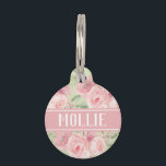 Blush Pink Greenery Floral Name and Address Pet ID Tag<br><div class="desc">Blush pink watercolor roses on a green background pet identification tag with customizable templates for your pet's name, owner's phone number and address. Add a stylish, girly girl touch to your custom dog tag or personalized cat tag and customize it with your info on the bag of the ID tag...</div>
