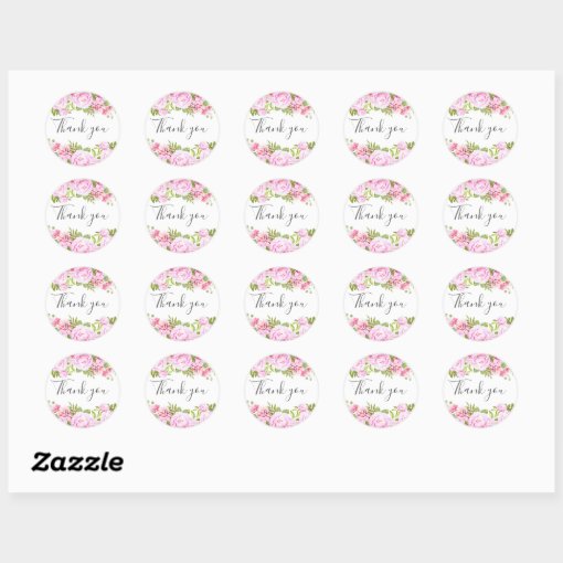 Blush Pink Greenery Floral Thank You Classic Round Sticker Zazzle