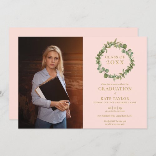 Blush Pink Greenery Garland Photo Graduation Party Invitation