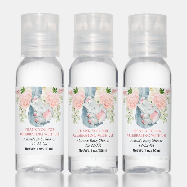 Blush pink greenery girl elephant baby shower hand sanitizer (Set)