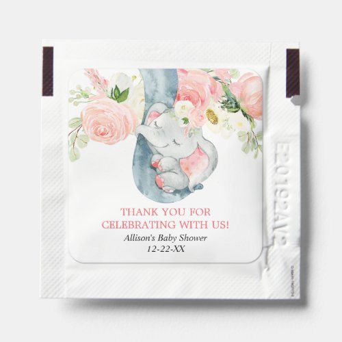 Blush pink greenery girl elephant baby shower hand sanitizer packet