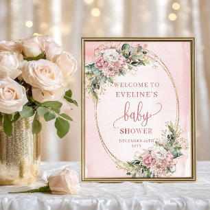 Blush Pink Greenery Glitter Welcome Baby Shower  Poster