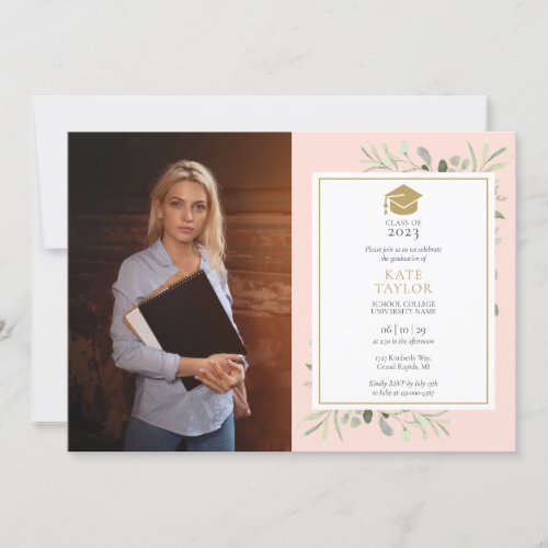 Blush Pink Greenery Gold Graduation Party Photo Invitation