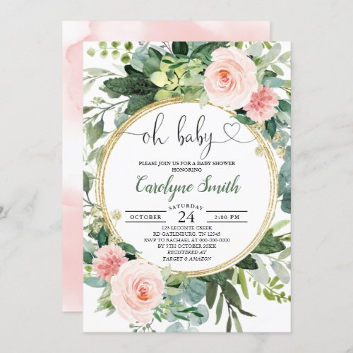 Blush Pink Greenery Oh Baby Girl Baby Shower Invitation