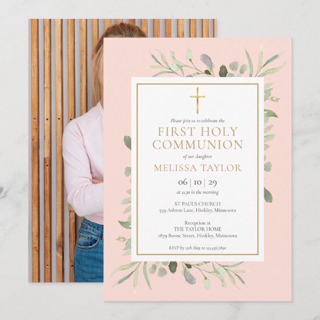 Blush Pink Greenery Photo First Holy Communion Invitation (Front/Back)