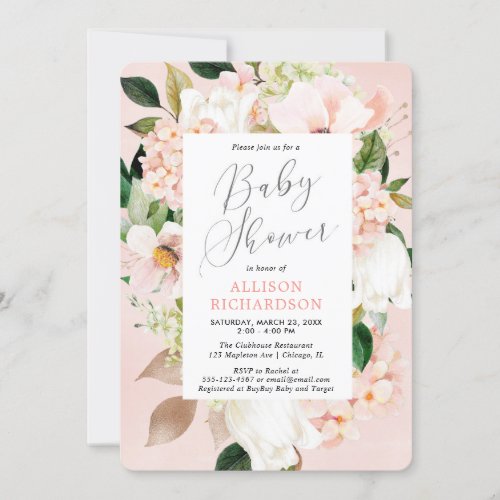 Blush pink greenery spring floral girl baby shower invitation