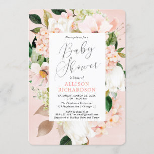 Blush pink greenery spring floral girl baby shower invitation