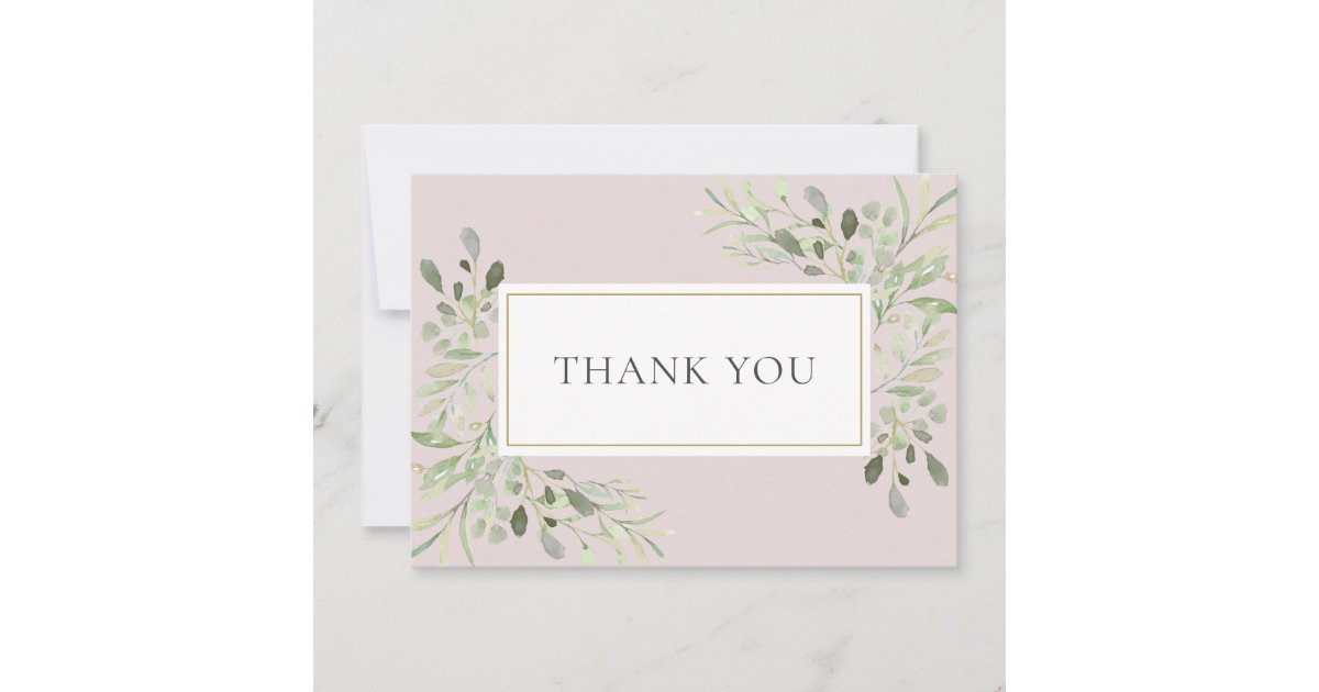 Blush Pink Greenery Watercolor Leaves Photo Thank You Card | Zazzle