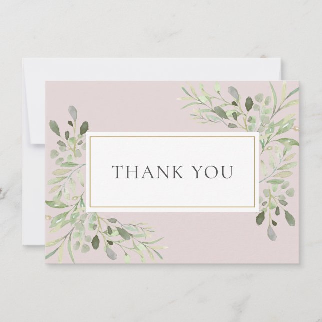 Blush Pink Greenery Watercolor Leaves Photo Thank You Card (Front)