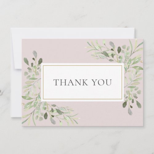 Blush Pink Greenery Watercolor Leaves Photo Thank You Card