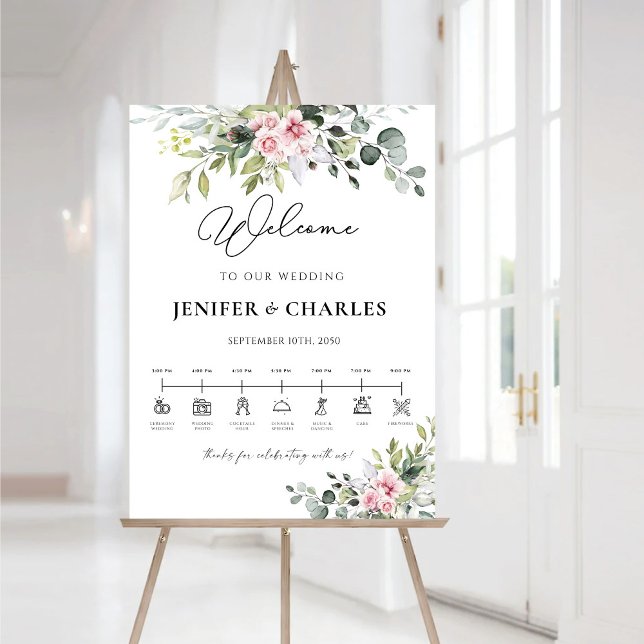 Blush Pink Greenery Wedding Ceremony Timeline Foam Board (Creator Uploaded)