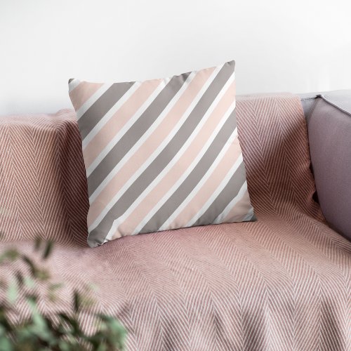 Blush Pink Grey Diagonal Stripes Throw Pillow