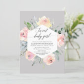 Blush pink grey floral watercolor girl baby shower invitation (Standing Front)