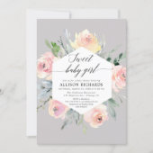 Blush pink grey floral watercolor girl baby shower invitation (Front)