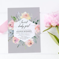 Blush pink grey floral watercolor girl baby shower invitation