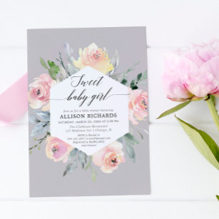 Blush pink grey floral watercolor girl baby shower invitation