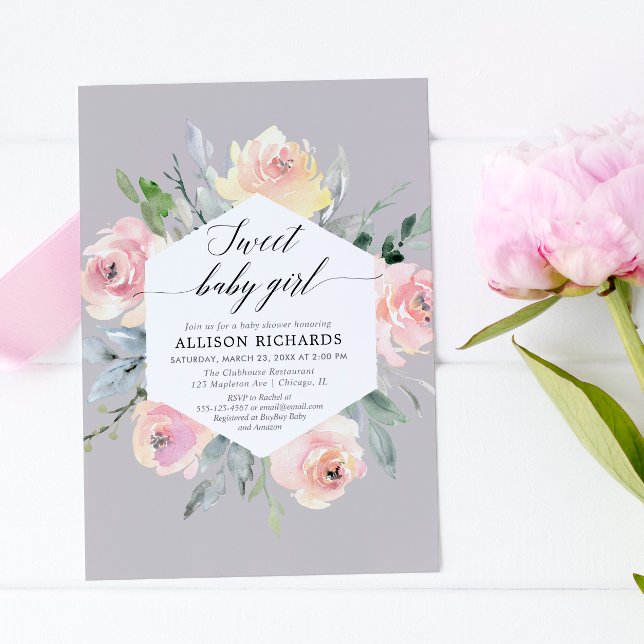 Blush pink grey floral watercolor girl baby shower invitation
