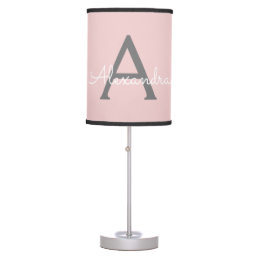 Blush Pink Grey Girly Monogram Name Modern Table Lamp
