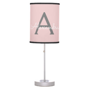 Blush Pink Grey Girly Monogram Name Modern Table Lamp