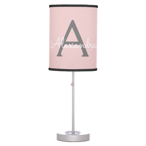 Blush Pink Grey Girly Monogram Name Modern Table Lamp