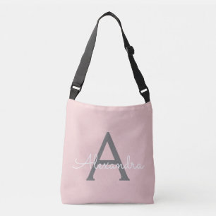 Blush Pink Grey Girly Script Monogram Name Modern Crossbody Bag