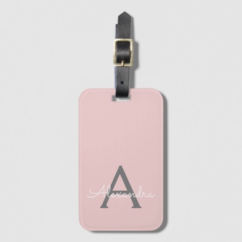 Blush Pink Grey Girly Script Monogram Name Modern Luggage Tag