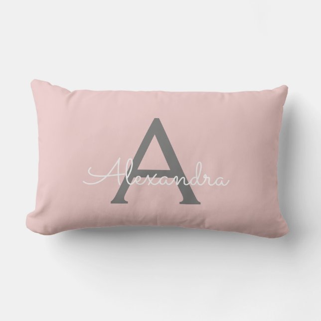 Blush Pink Grey Girly Script Monogram Name Modern Lumbar Pillow (Front)