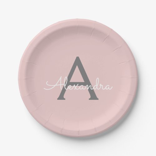 Blush Pink Grey Girly Script Monogram Name Modern Paper Plates