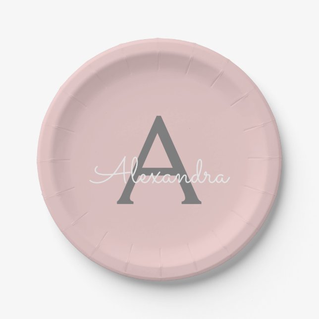 Blush Pink Grey Girly Script Monogram Name Modern Paper Plates (Front)