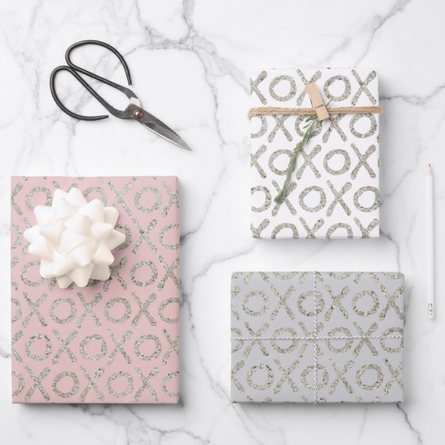 Blush Pink Grey Glitzy Silver XOXO   Wrapping Paper Sheets (Front)