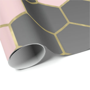 Blush Pink Grey & Gold Hexagon Modern Glam Wrapping Paper